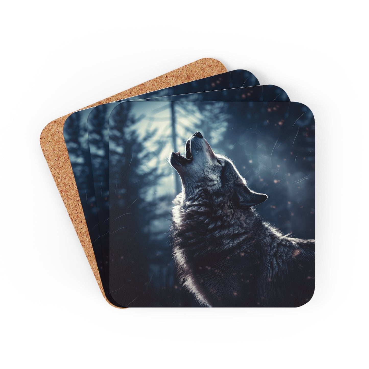 Wolf Howling Realistic 1 Corkwood Coaster Set