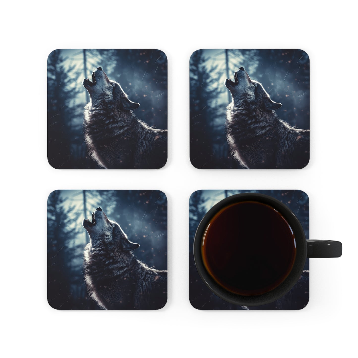 Wolf Howling Realistic 1 Corkwood Coaster Set