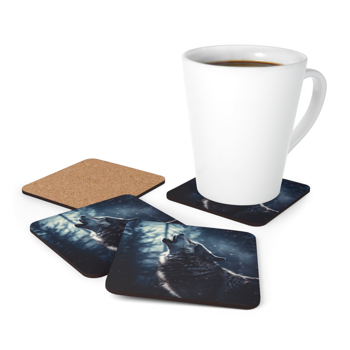 Wolf Howling Realistic 1 Corkwood Coaster Set